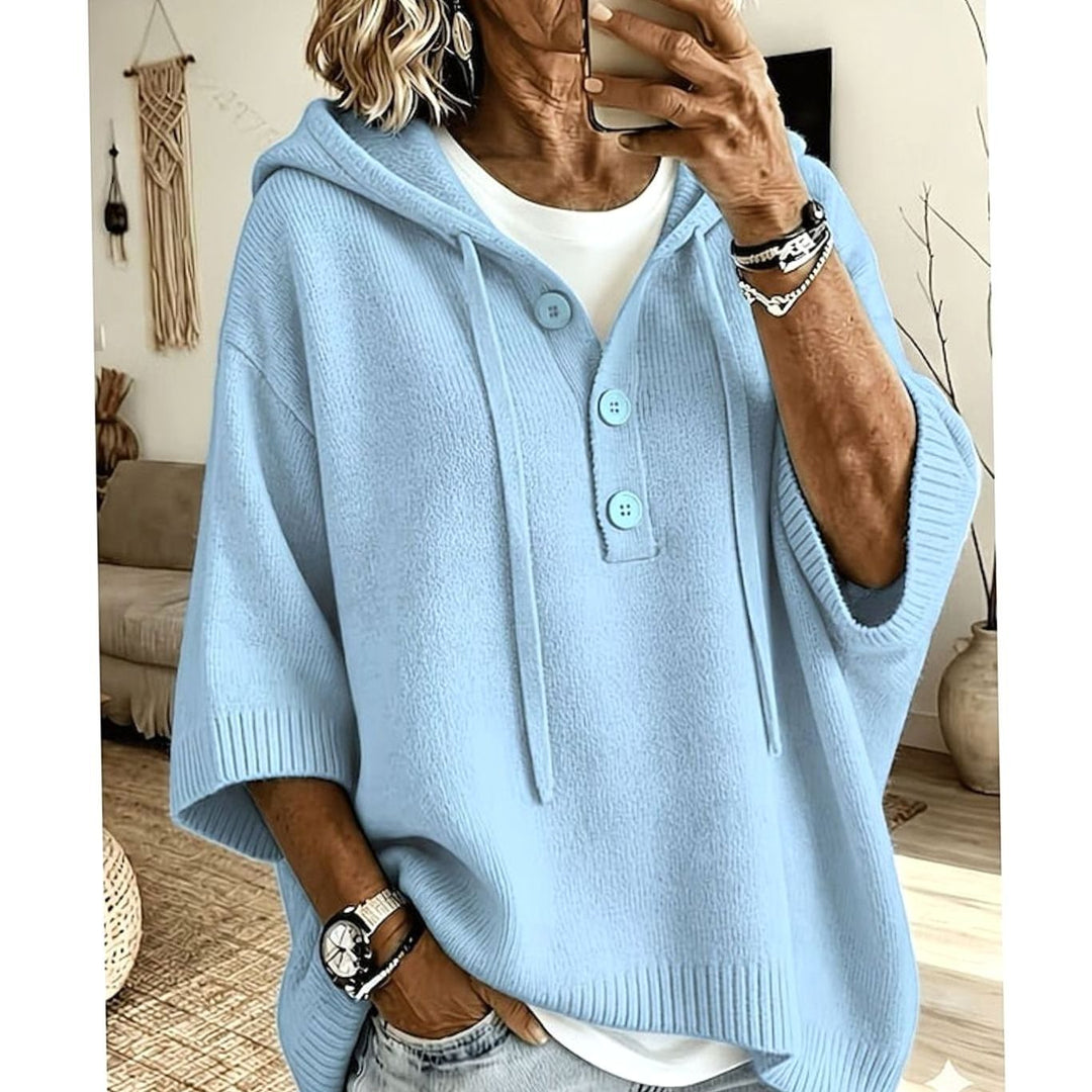 Women's Relaxed Hooded Half-Button Knit Sweater - Sky Blue