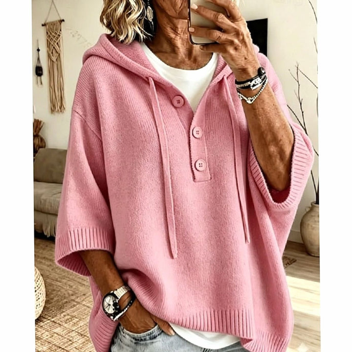 Women's Relaxed Hooded Half-Button Knit Sweater - Pink