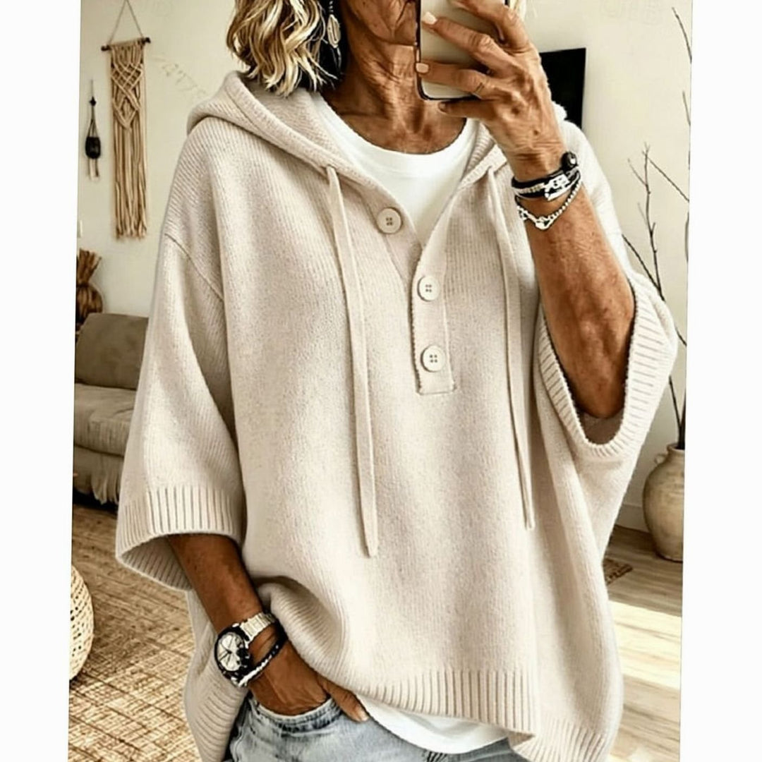 Women's Relaxed Hooded Half-Button Knit Sweater - Off White