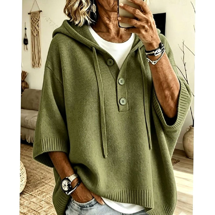Women's Relaxed Hooded Half-Button Knit Sweater - Military Green