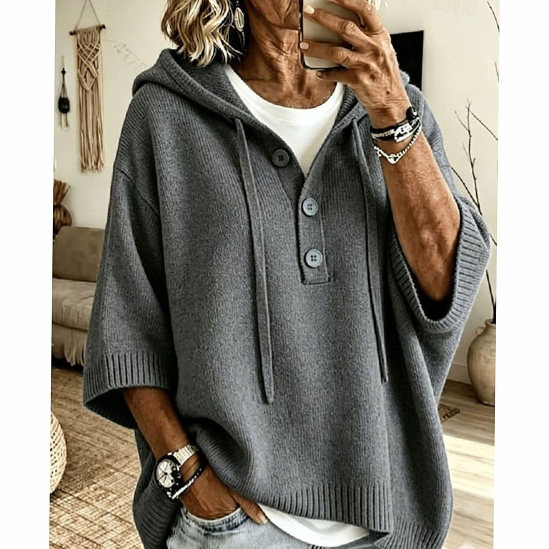 Women's Relaxed Hooded Half-Button Knit Sweater - Grey