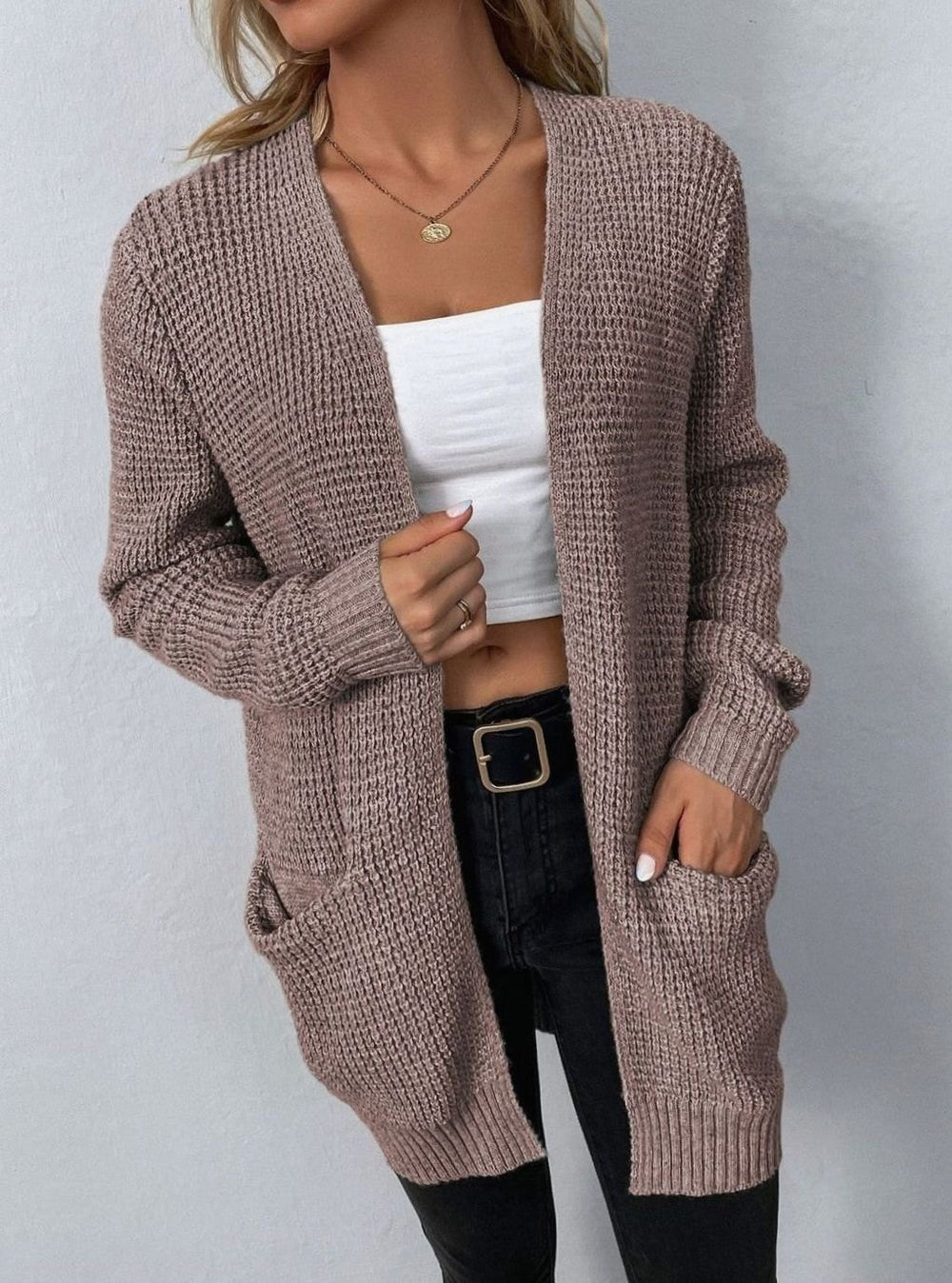 Women's Relaxed Open-Front Long Knit Cardigan - Light Pink