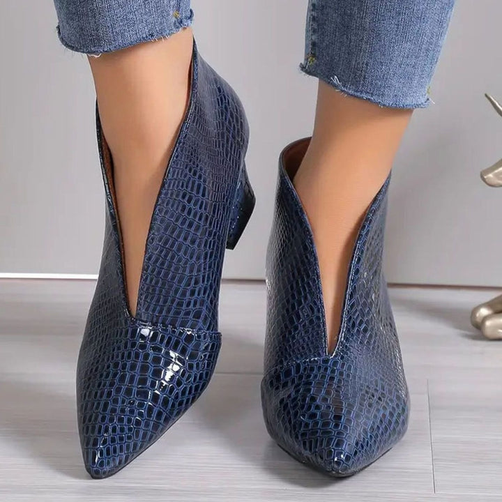 Women's Reptile-Textured V-Cut Pointed-Toe Ankle Boots