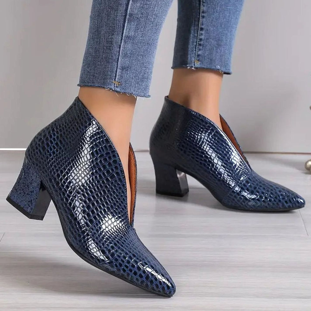 Women's Reptile-Textured V-Cut Pointed-Toe Ankle Boots - Royal Blue