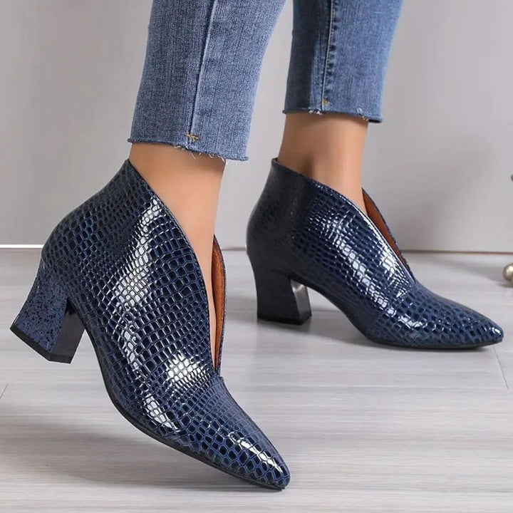 Women's Reptile-Textured V-Cut Pointed-Toe Ankle Boots - Royal Blue