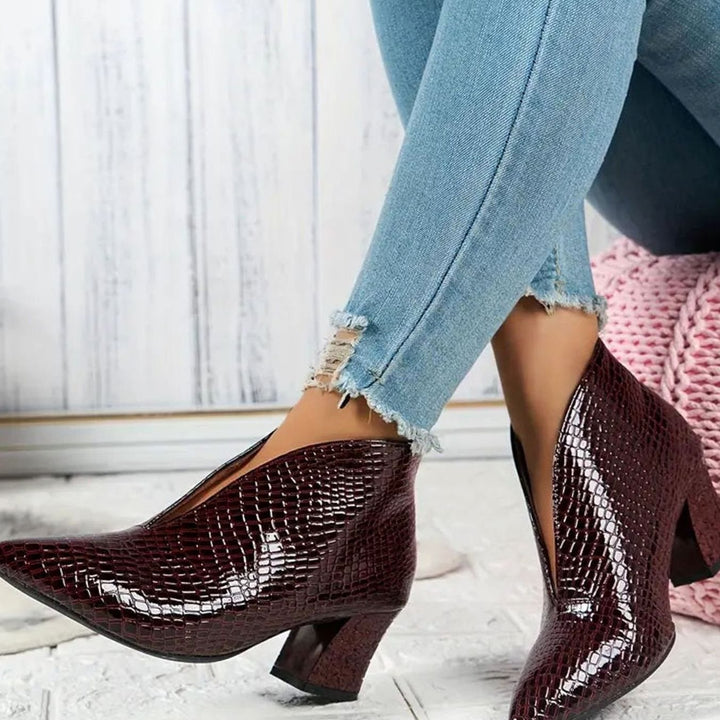 Women's Reptile-Textured V-Cut Pointed-Toe Ankle Boots