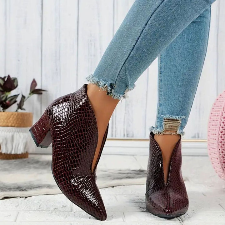 Women's Reptile-Textured V-Cut Pointed-Toe Ankle Boots - Burgundy