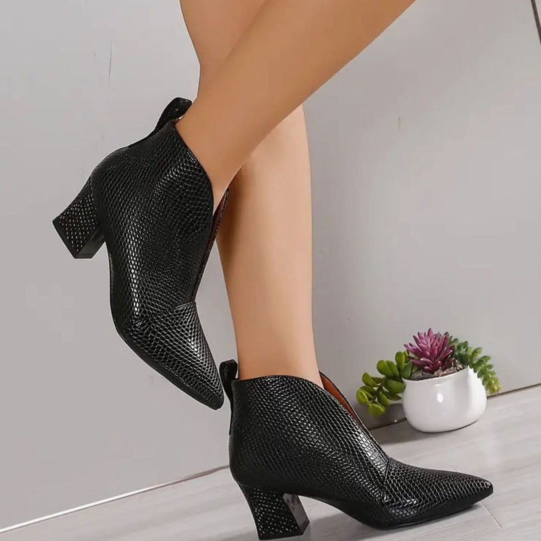 Women's Reptile-Textured V-Cut Pointed-Toe Ankle Boots