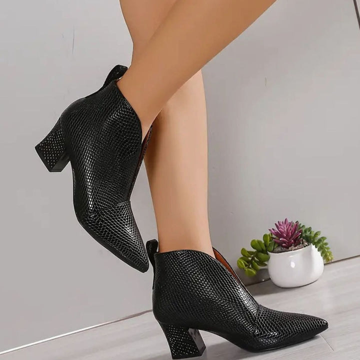 Women's Reptile-Textured V-Cut Pointed-Toe Ankle Boots