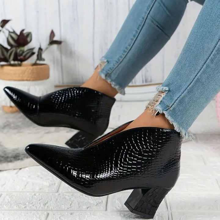 Women's Reptile-Textured V-Cut Pointed-Toe Ankle Boots