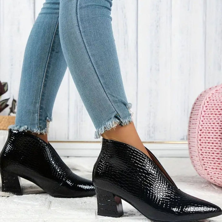 Women's Reptile-Textured V-Cut Pointed-Toe Ankle Boots - Black