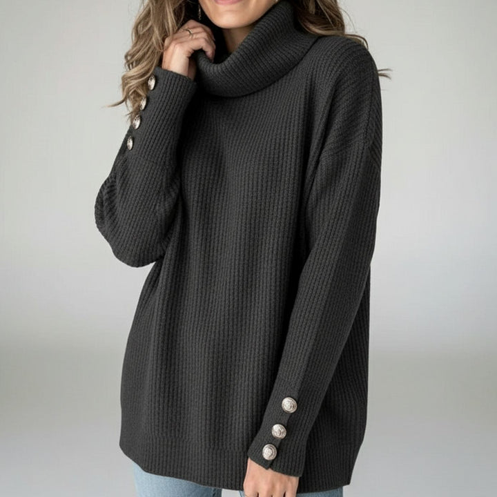 Women's Rib Knit Turtleneck Sweater Button-Cuff Relaxed Fit