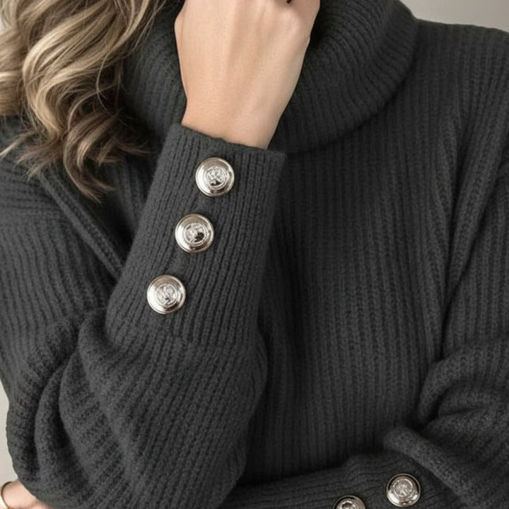 Women's Rib Knit Turtleneck Sweater Button-Cuff Relaxed Fit