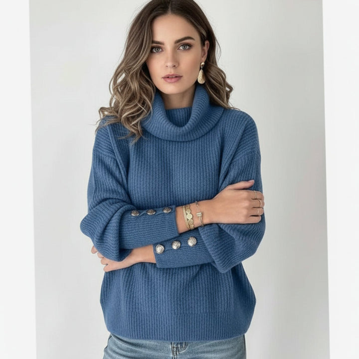Women's Rib Knit Turtleneck Sweater Button-Cuff Relaxed Fit - Blue