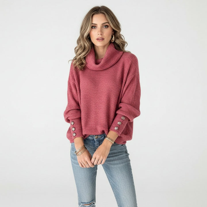 Women's Rib Knit Turtleneck Sweater Button-Cuff Relaxed Fit - Red