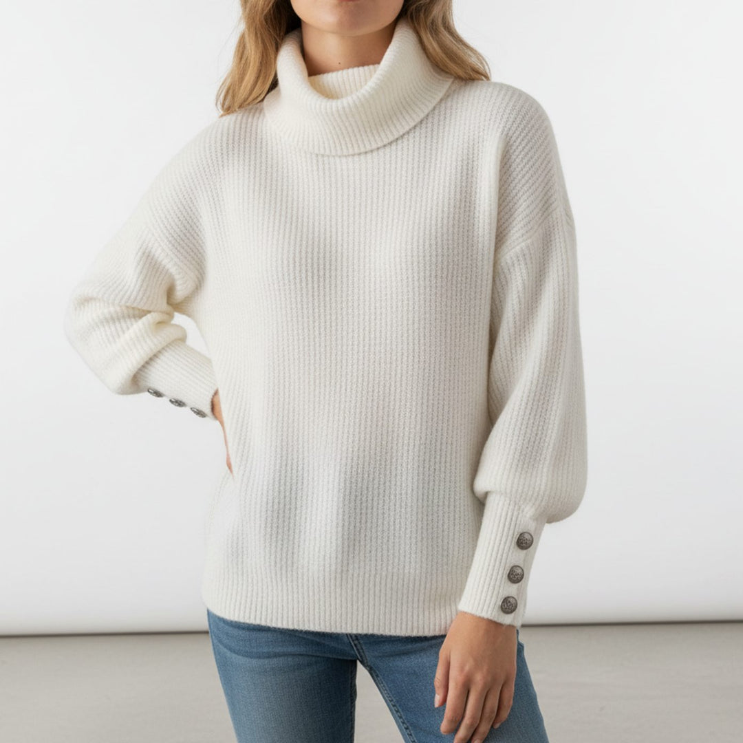 Women's Rib Knit Turtleneck Sweater Button-Cuff Relaxed Fit - White