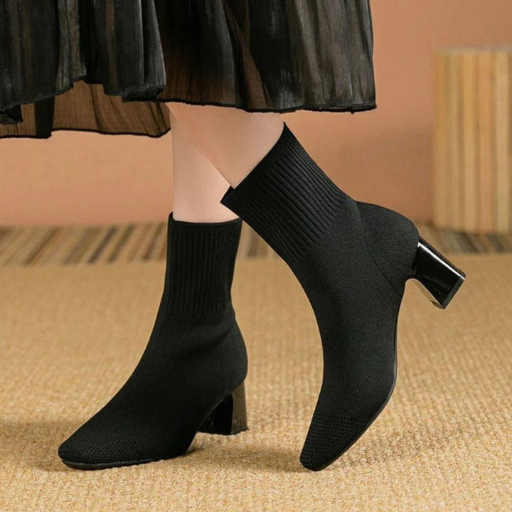 Women's Ribbed Knit Block-Heel Sock Ankle Boots - Black