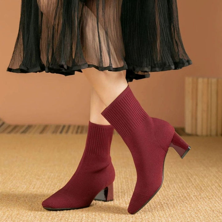 Women's Ribbed Knit Block-Heel Sock Ankle Boots - Red