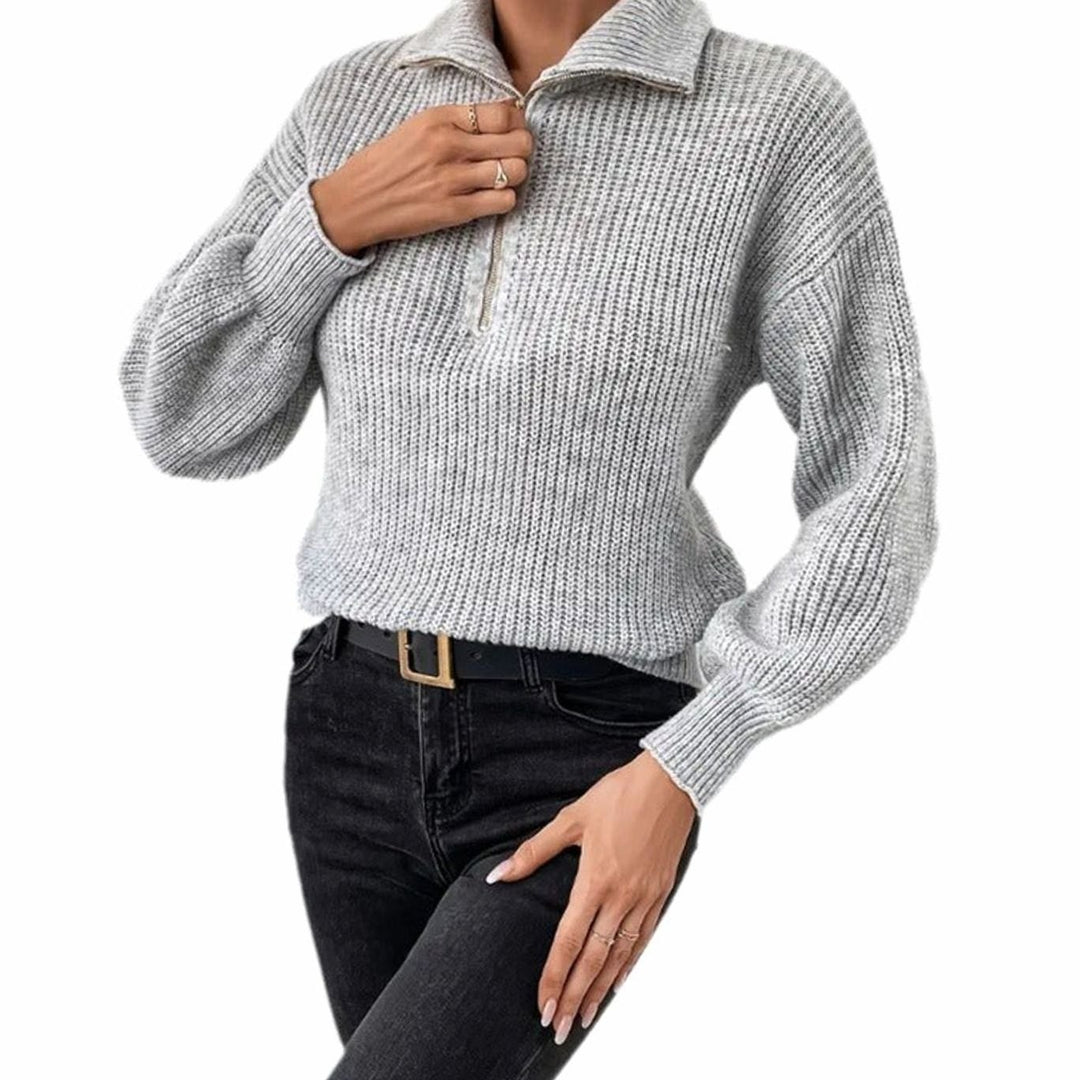 Women's Ribbed Knit Half-Zip Stand Collar Sweater