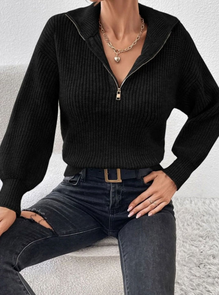 Women's Ribbed Knit Half-Zip Stand Collar Sweater - Black