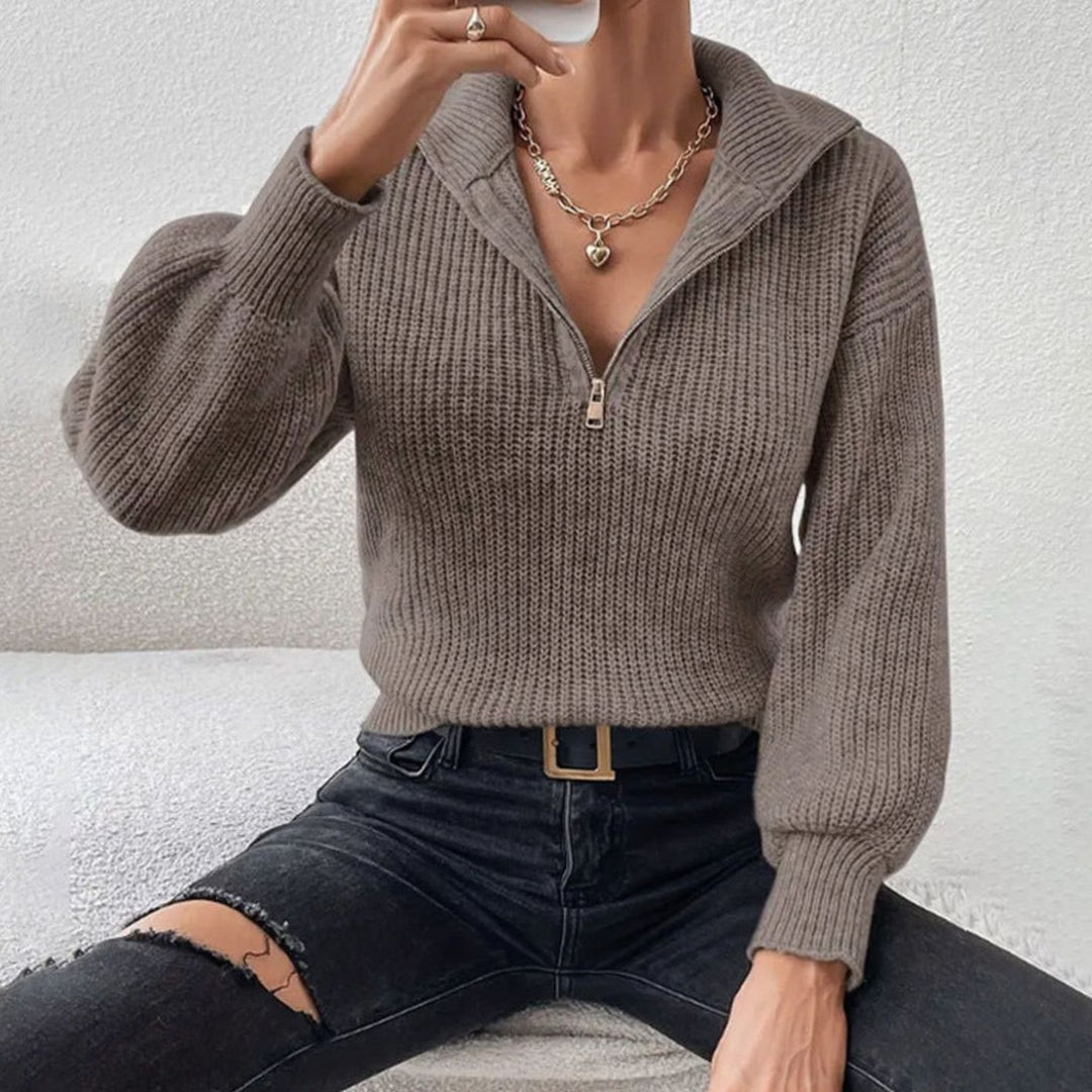Women's Ribbed Knit Half-Zip Stand Collar Sweater