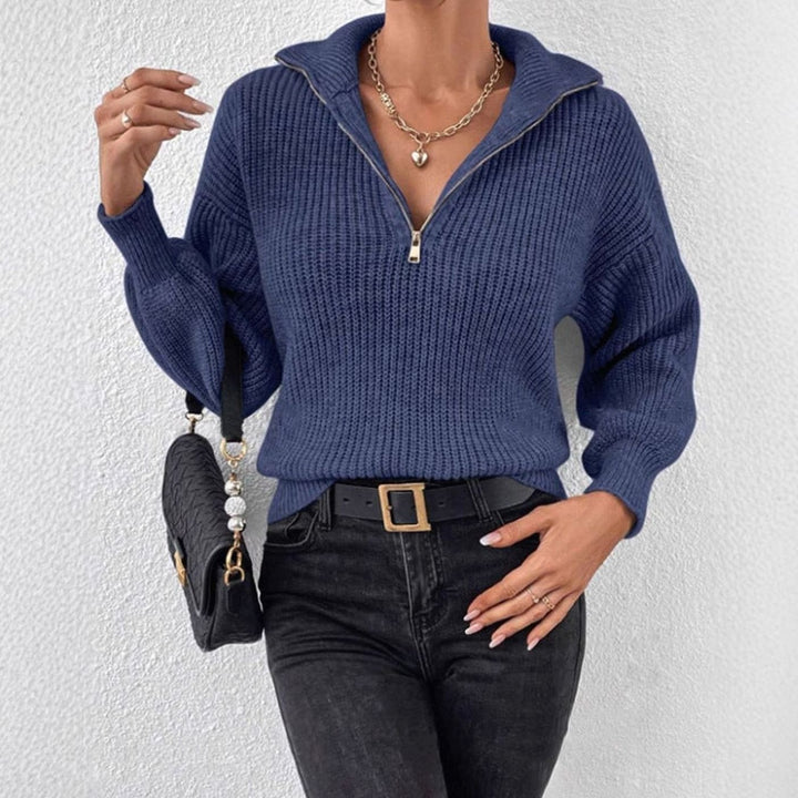 Women's Ribbed Knit Half-Zip Stand Collar Sweater