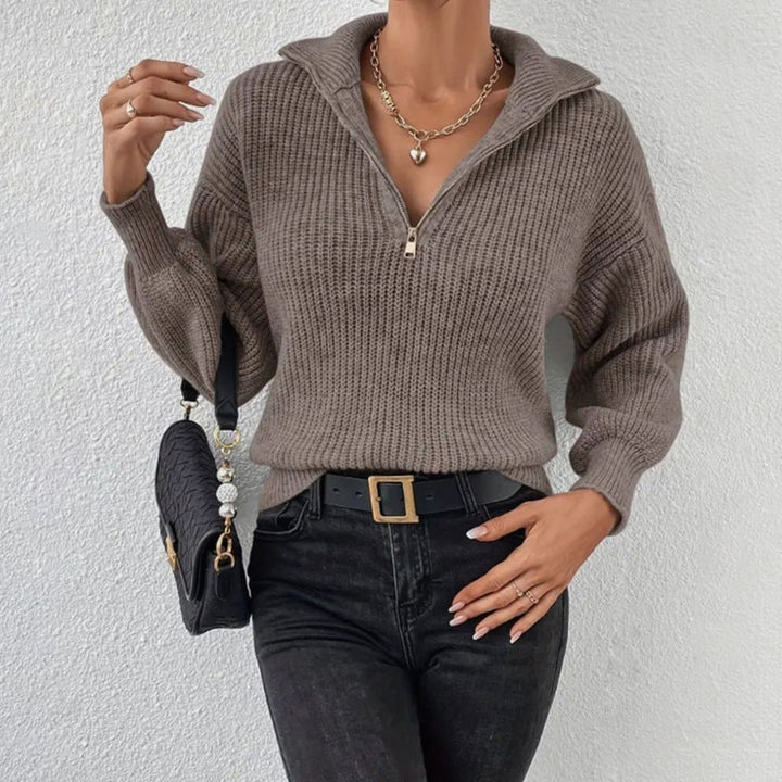 Women's Ribbed Knit Half-Zip Stand Collar Sweater