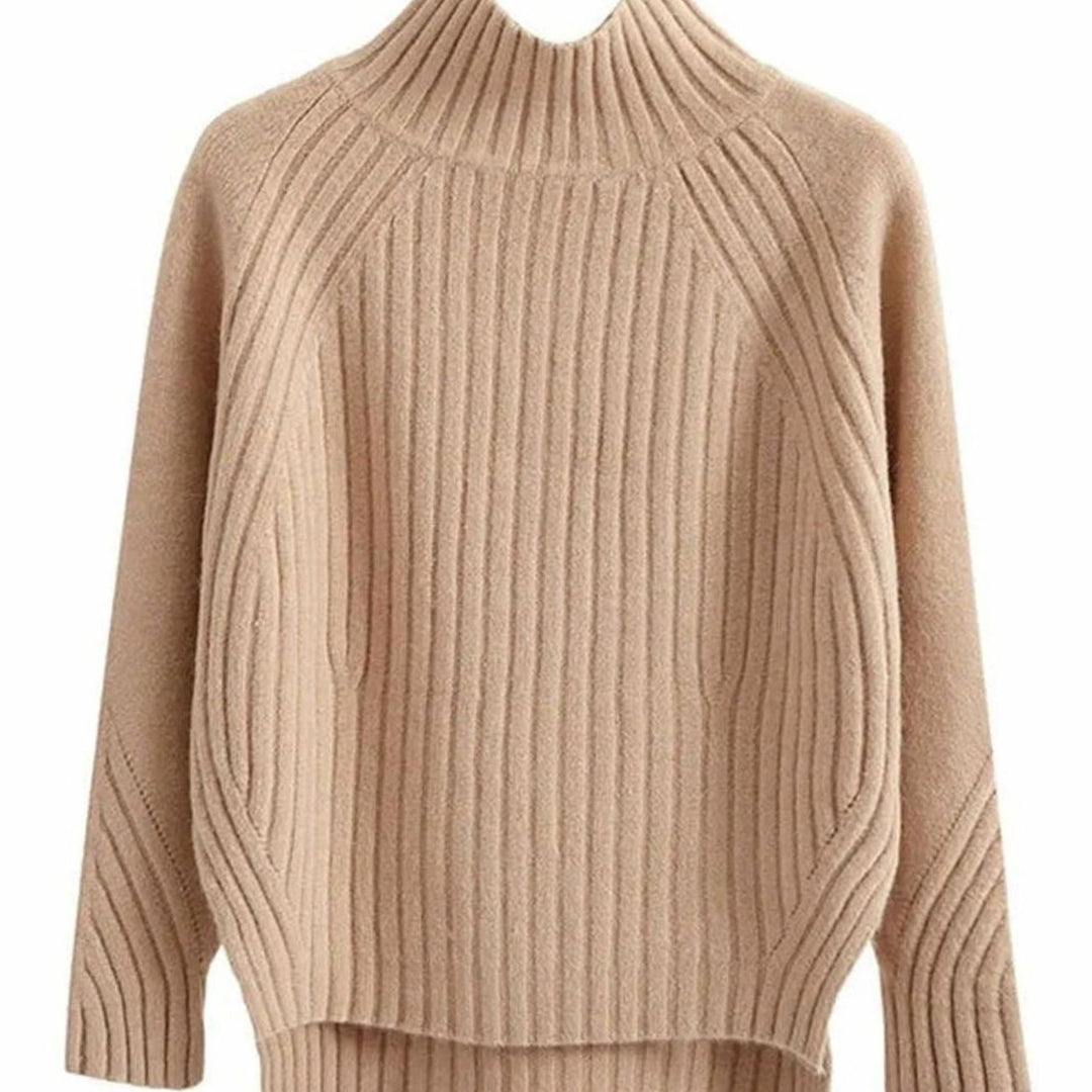 Women's Ribbed Knit Long Sleeve Sweater Turtleneck Relaxed Fit - Khaki