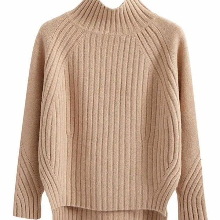 Women's Ribbed Knit Long Sleeve Sweater Turtleneck Relaxed Fit - Khaki