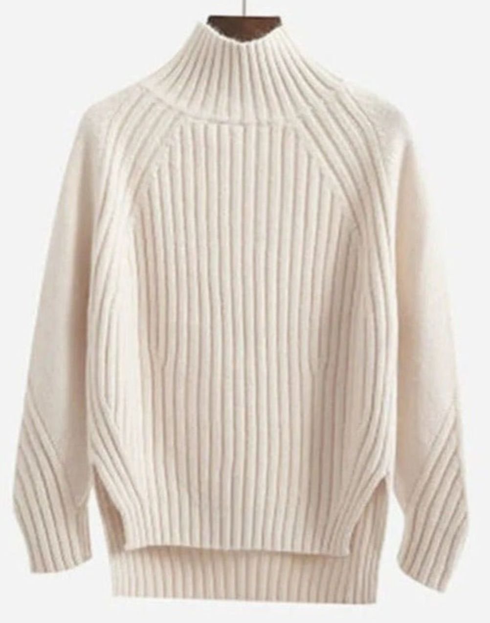 Women's Ribbed Knit Long Sleeve Sweater Turtleneck Relaxed Fit - Beige