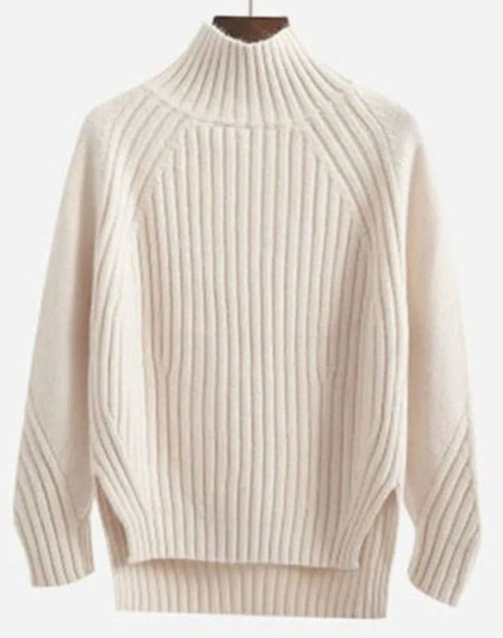 Women's Ribbed Knit Long Sleeve Sweater Turtleneck Relaxed Fit - Beige