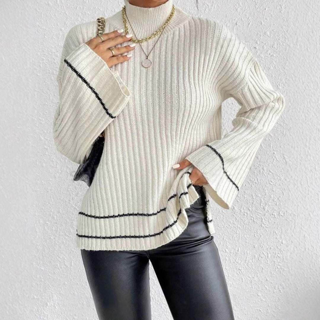 Women's Ribbed Knit Sweater Turtleneck Flare-Sleeve Striped Pullover