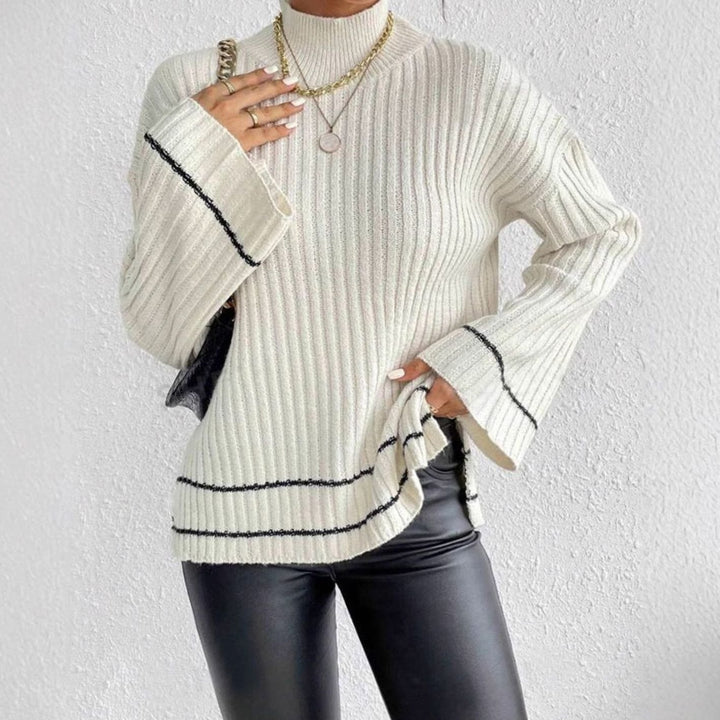 Women's Ribbed Knit Sweater Turtleneck Flare-Sleeve Striped Pullover