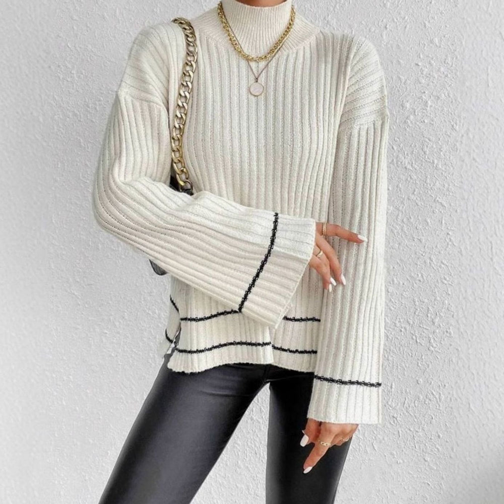 Women's Ribbed Knit Sweater Turtleneck Flare-Sleeve Striped Pullover