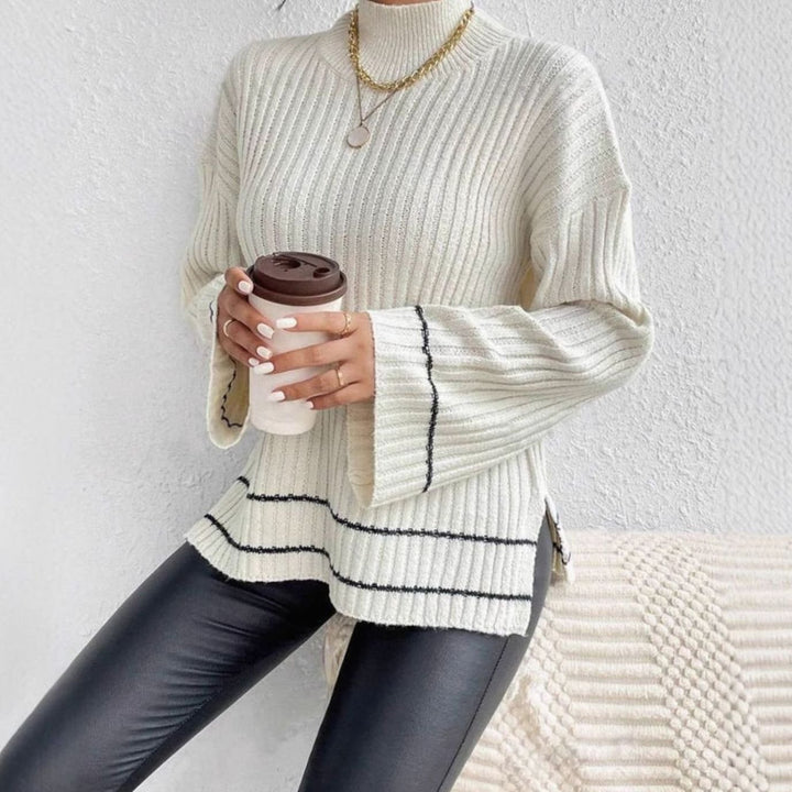 Women's Ribbed Knit Sweater Turtleneck Flare-Sleeve Striped Pullover