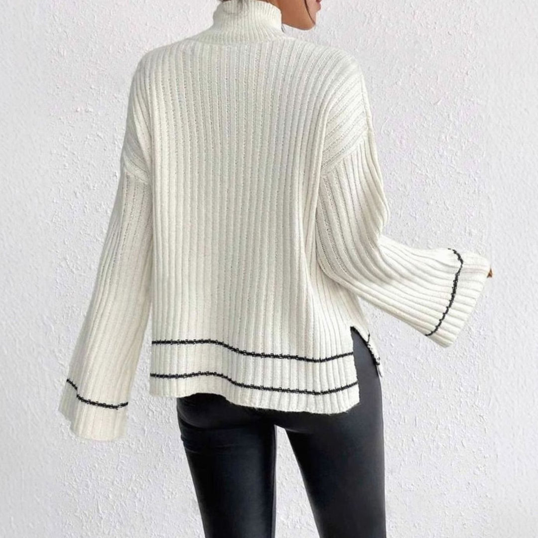Women's Ribbed Knit Sweater Turtleneck Flare-Sleeve Striped Pullover