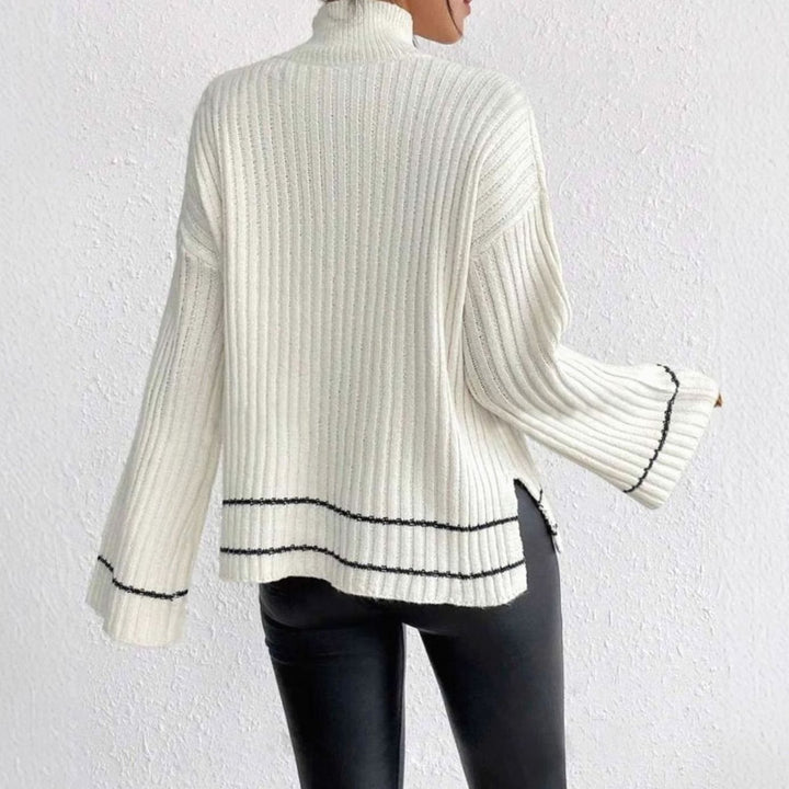 Women's Ribbed Knit Sweater Turtleneck Flare-Sleeve Striped Pullover