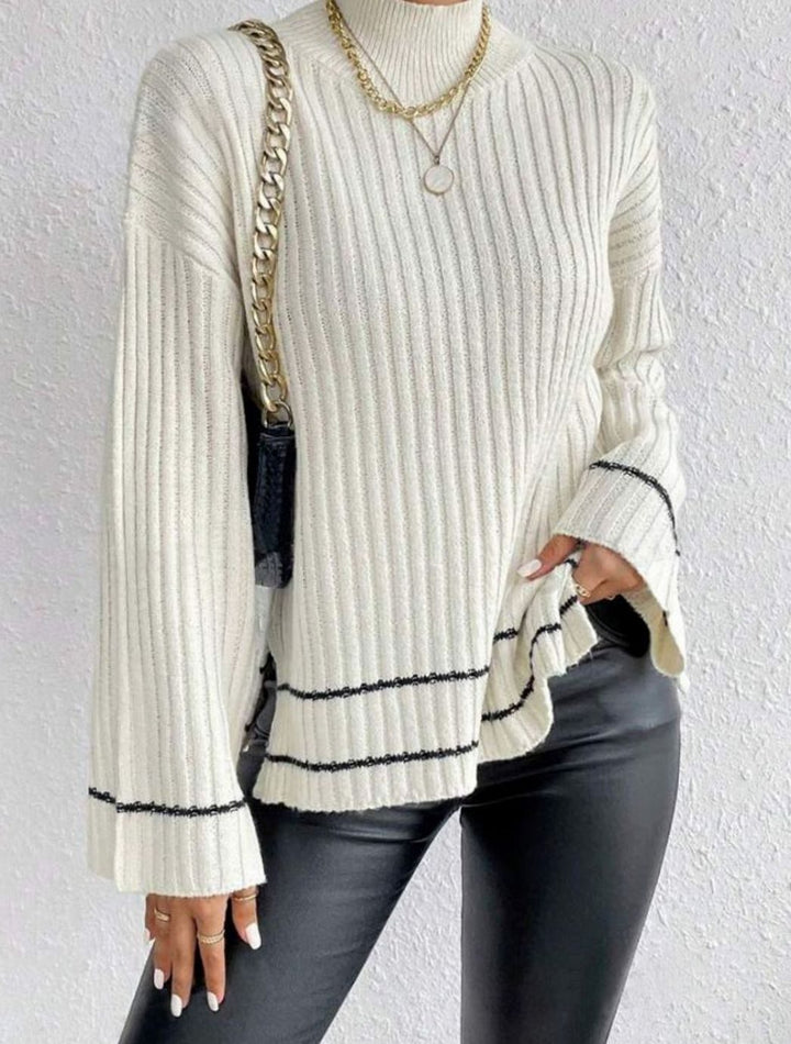 Women's Ribbed Knit Sweater Turtleneck Flare-Sleeve Striped Pullover - White