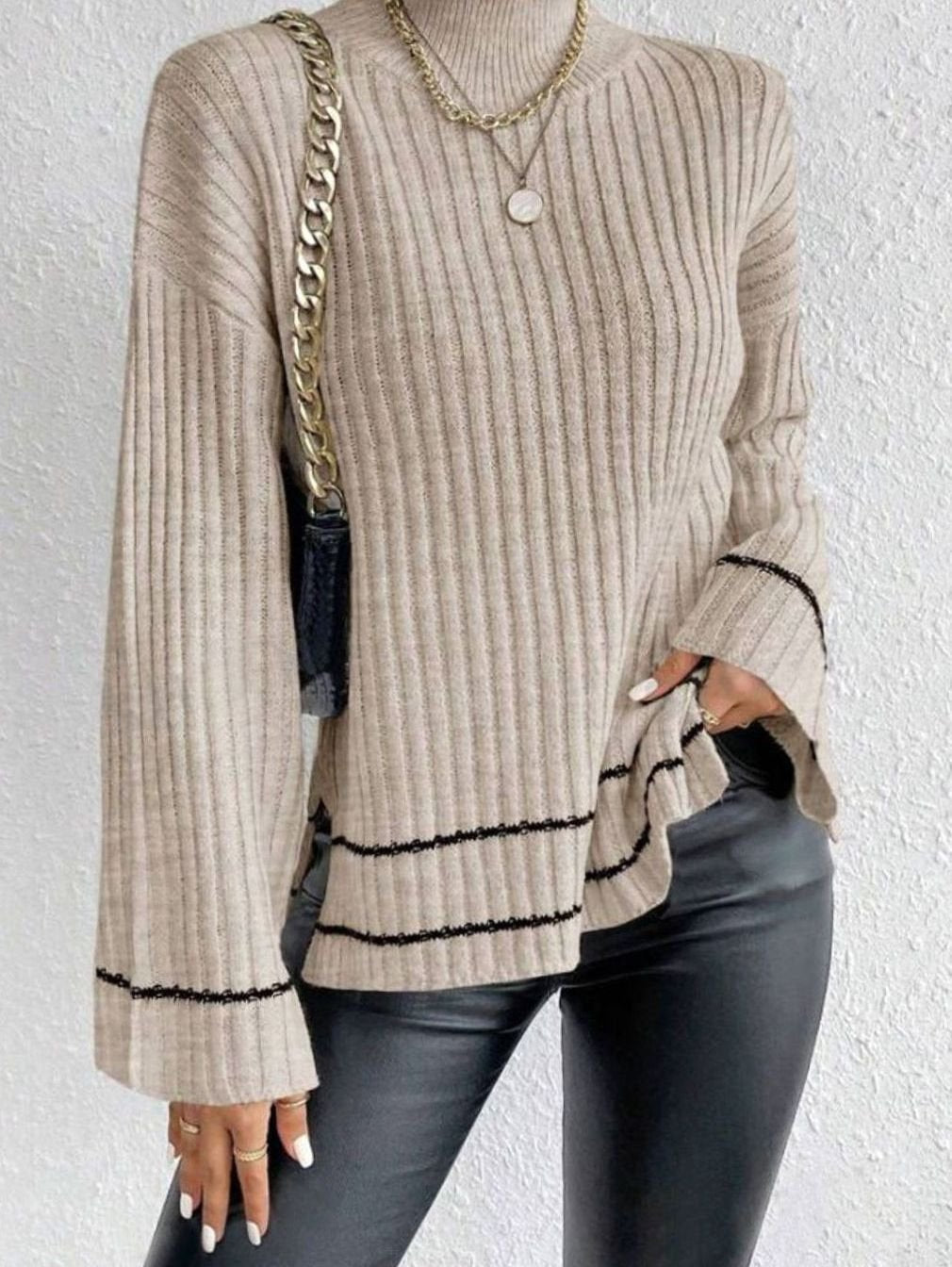 Women's Ribbed Knit Sweater Turtleneck Flare-Sleeve Striped Pullover - Apricot