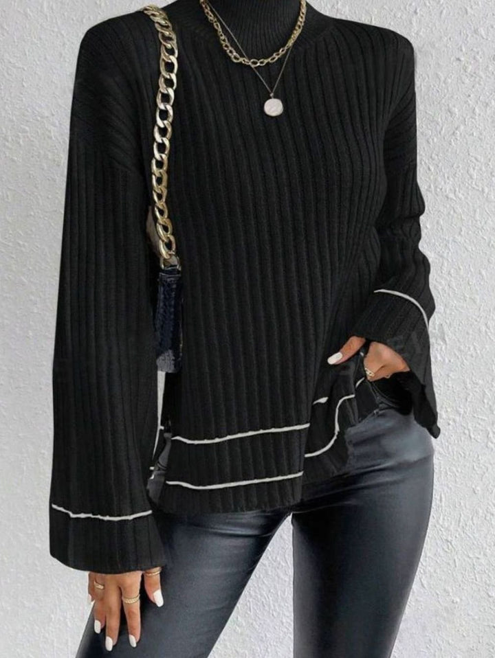 Women's Ribbed Knit Sweater Turtleneck Flare-Sleeve Striped Pullover - Black