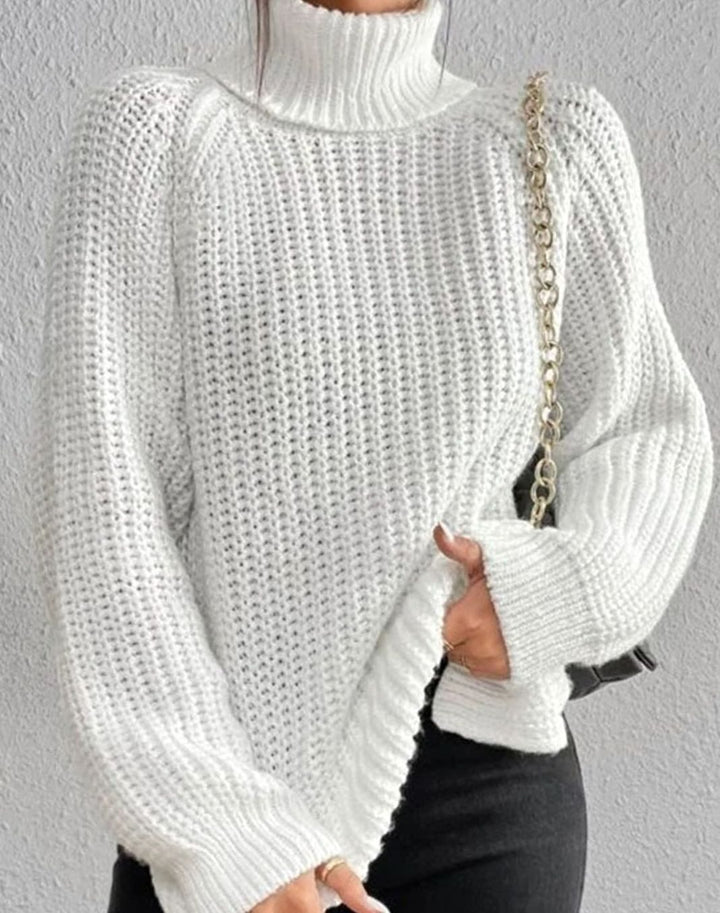Women's Ribbed Turtleneck Sweater Long-Sleeve Cozy Knit Pullover - White