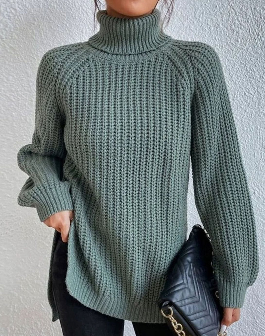Women's Ribbed Turtleneck Sweater Long-Sleeve Cozy Knit Pullover - Green