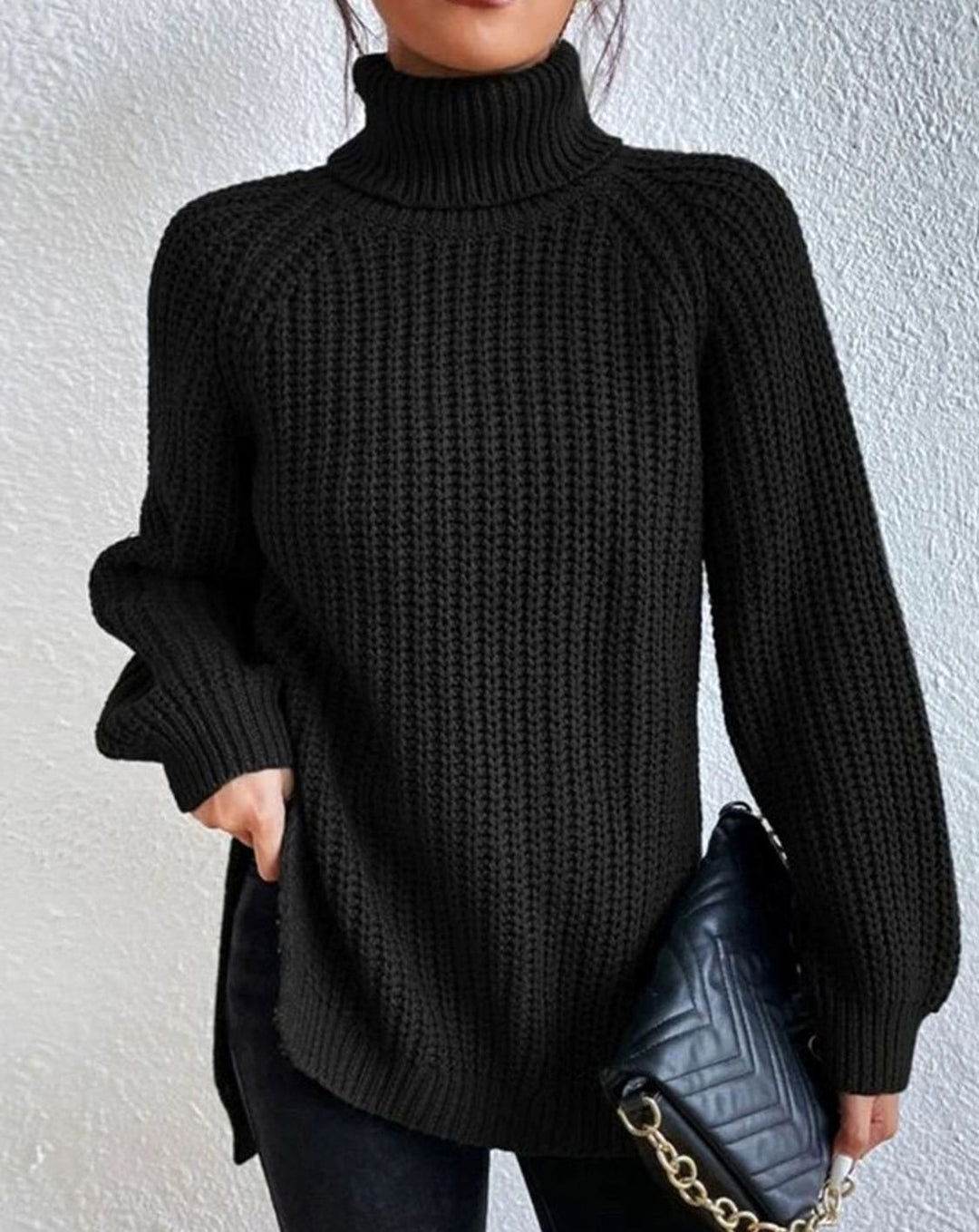 Women's Ribbed Turtleneck Sweater Long-Sleeve Cozy Knit Pullover - Black
