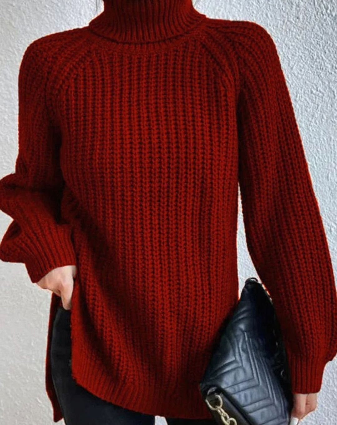 Women's Ribbed Turtleneck Sweater Long-Sleeve Cozy Knit Pullover - Burgundy