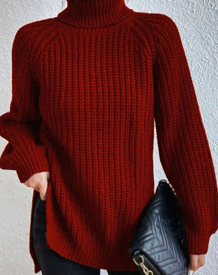 Women's Ribbed Turtleneck Sweater Long-Sleeve Cozy Knit Pullover - Burgundy