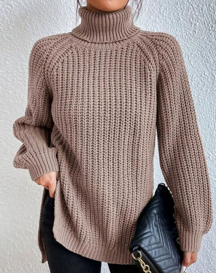Women's Ribbed Turtleneck Sweater Long-Sleeve Cozy Knit Pullover - Khaki