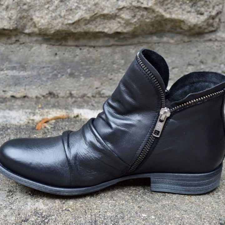Women's Ruched Leather Side-Zip Low-Heel Ankle Boots - Black