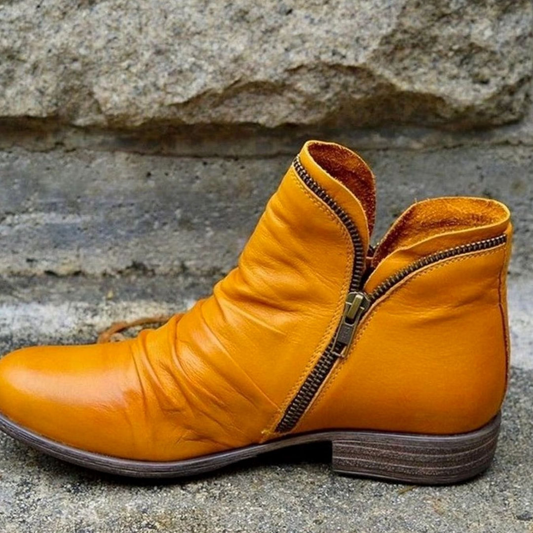 Women's Ruched Leather Side-Zip Low-Heel Ankle Boots - Yellow