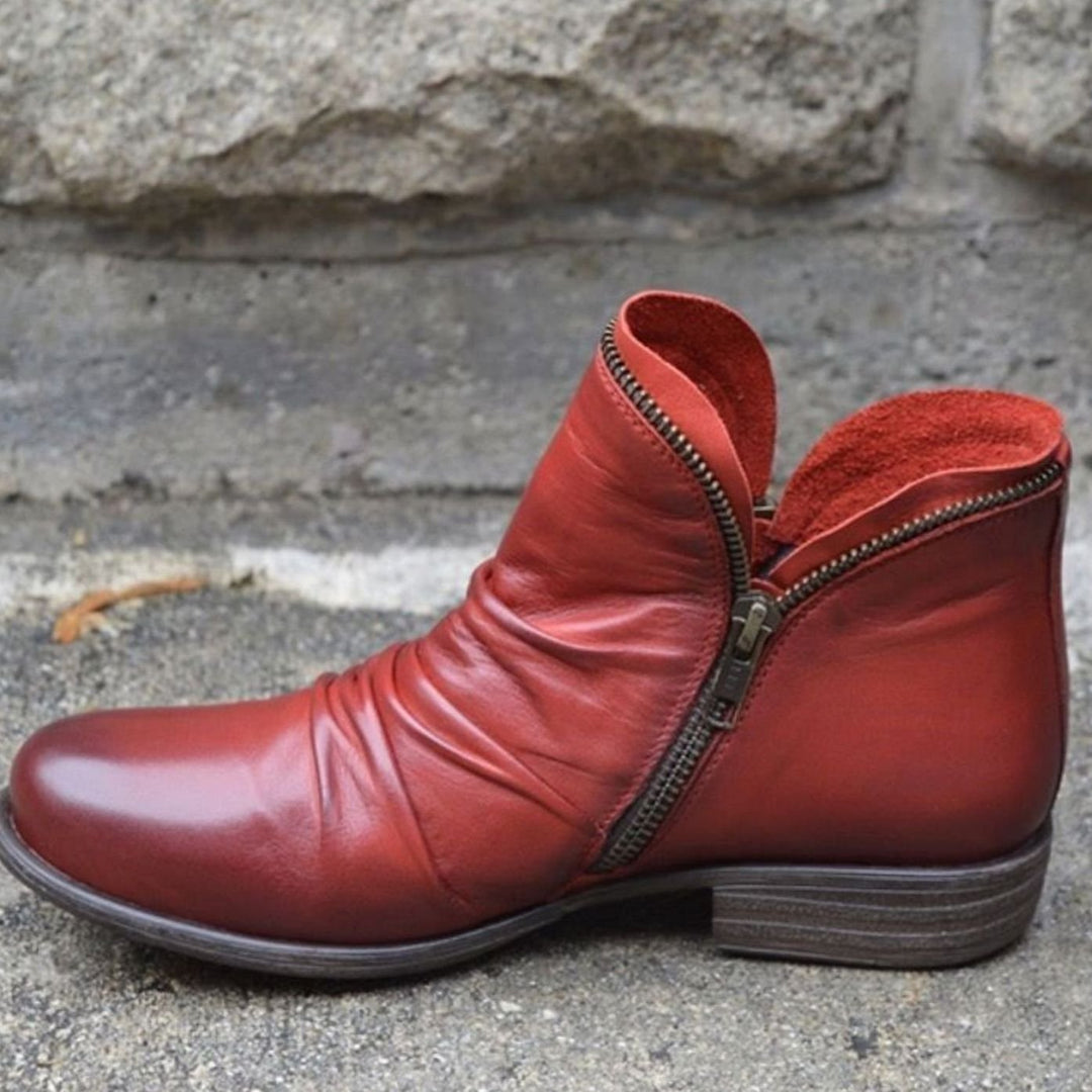 Women's Ruched Leather Side-Zip Low-Heel Ankle Boots - Red