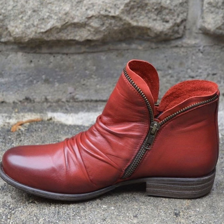 Women's Ruched Leather Side-Zip Low-Heel Ankle Boots - Red
